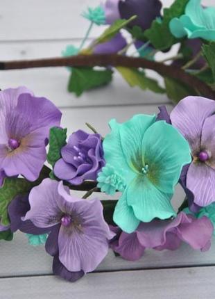 Обруч с анютиными глазками фиолетовые бирюзовые цветы на ободке для девочки2 фото