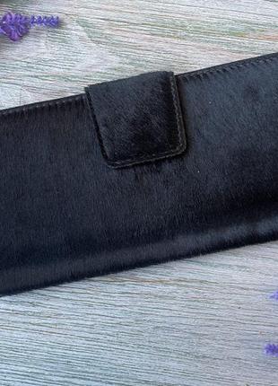 Черный кошелек женский на кнопке из меха пони на 12 отделов из натуральной кожи ручной работы