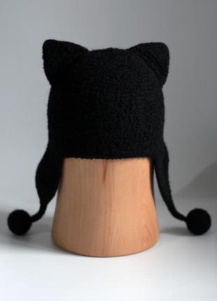 Вовняна валяна шапка кішка чорна3 фото