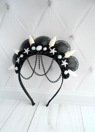 Черная корона русалки для фотосессии ободок для волос с ракушек обруч на голову к костюму4 фото