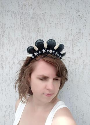 Черная корона русалки для фотосессии ободок для волос с ракушек обруч на голову к костюму8 фото