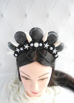 Черная корона русалки для фотосессии ободок для волос с ракушек обруч на голову к костюму6 фото