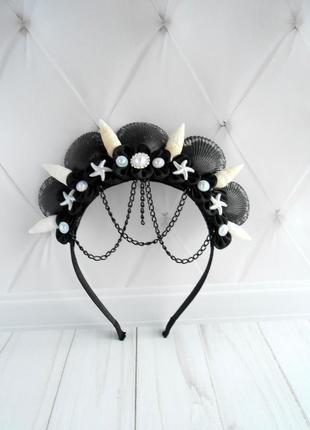Черная корона русалки для фотосессии ободок для волос с ракушек обруч на голову к костюму3 фото