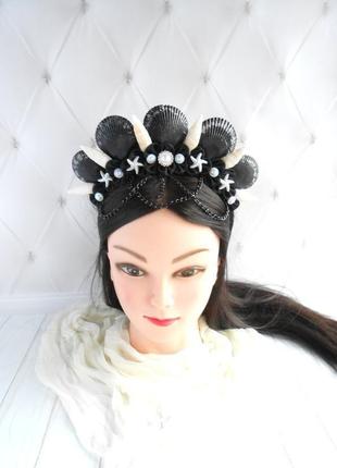 Черная корона русалки для фотосессии ободок для волос с ракушек обруч на голову к костюму5 фото