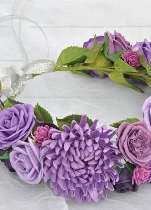 Вінок осінній з фіолетовими трояндами хризантемою весільний квітковий вінок2 фото