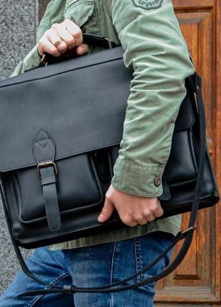 Чорний портфель для ноутбука, шкіряна чоловіча сумка1 фото