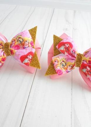 Рожевий бантик з принцесами діснея на резинці подарунок дівчинці на день народження прикраса для волосся3 фото