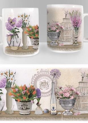 Керамічна чашка "букети тюльпанів та деліфініумів"1 фото
