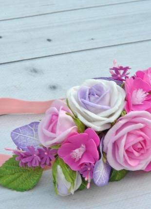 Повязочка для ребенка с цветами розовые фиолетовые цветы повязка для девочки1 фото