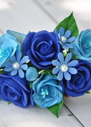 Шпилька для волосся з синіми трояндами гребінь квітковий в зачіску нареченої шпилька для дівчинки3 фото