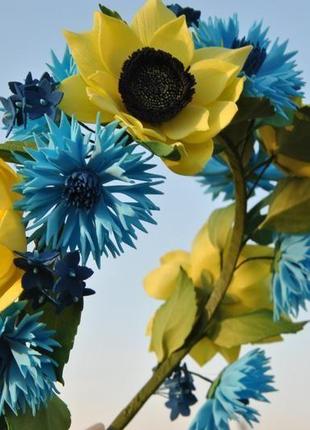 Обруч із соняшників і васильків квітковий обідок для дівчинки в національному стилі під вишиванку5 фото
