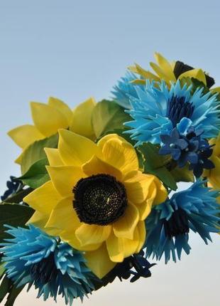 Обруч із соняшників і васильків квітковий обідок для дівчинки в національному стилі під вишиванку6 фото