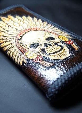 Мужской кошелек, мужское портмоне с тиснением, кожаный кошелек с индейцем2 фото