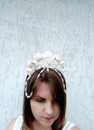 Белая корона русалки девушке аксессуар для фотосессии обруч в морском стиле ободок для волос6 фото