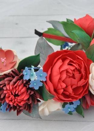 Обруч с цветами красный ободок цветочный с пионами хризантемами для девочки1 фото