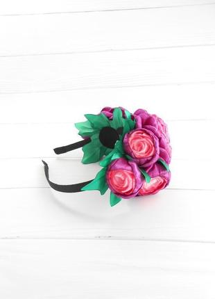 Фіолетовий квітковий об'ємний обідок прикраса для волосся на фотосесію обруч на голову подарунок5 фото
