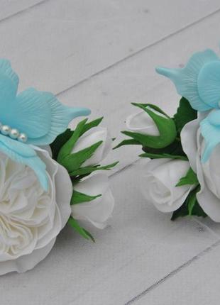 Резинки для волос белые пионовидные розы голубые бабочки детские резинки с цветами