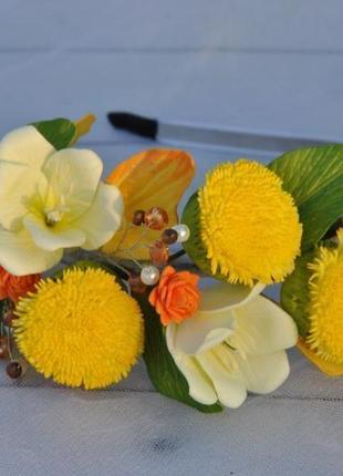 Весенний обруч для волос с одуванчиками и фрезиями желтый цветочный ободок3 фото