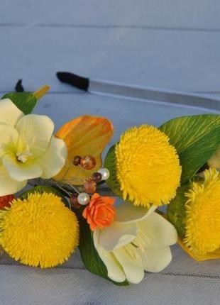 Весенний обруч для волос с одуванчиками и фрезиями желтый цветочный ободок4 фото