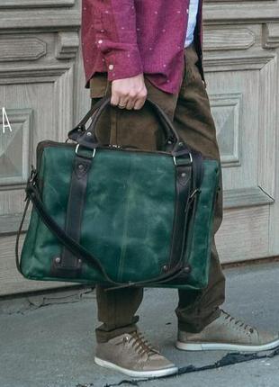 Шкіряний портфель для ноутбка, чоловіча шкіряна сумка зелена7 фото
