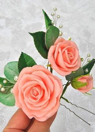 Шпильки персиковые розы с эвкалиптом свадебные шпильки с цветами и бусинами6 фото