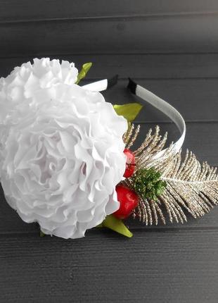 Новогодний ободок на фотосессию обруч с розами для девушки белое праздничное украшение на голову1 фото