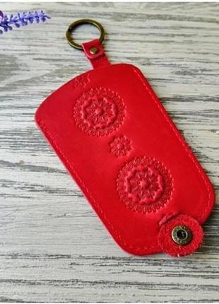 Червона шкіряна жіноча ключниця жіноча кишенькова для ключів з тисненям квіти ручна робота
