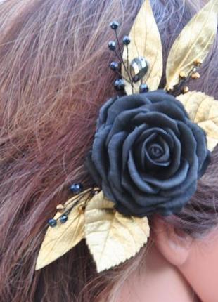 Черная роза с золотыми листьями заколка для волос готическая заколка4 фото