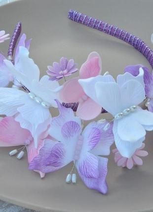 Обруч з метеликами для дівчинки обідок з фіолетовими ,білими ,рожевими метеликами2 фото