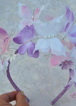 Обруч з метеликами для дівчинки обідок з фіолетовими ,білими ,рожевими метеликами4 фото