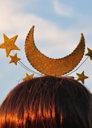 Обруч новогодний луна со звездами заколка к праздничному костюму луна и звездочка3 фото