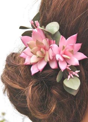 Гребень для волос с розовыми суккулентами свадебный гребень с эвкалиптом и цветами3 фото