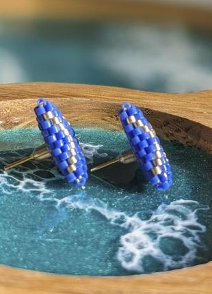 Сині трикутні сережки гвоздики з бісеру miyuki, бісерні сережки2 фото
