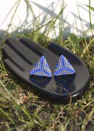 Сині трикутні сережки гвоздики з бісеру miyuki, бісерні сережки7 фото