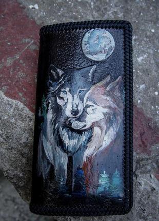 Мужской кожаный кошелёк, вместительный кошелёк, портмоне кожаное, кошелёк пара волков