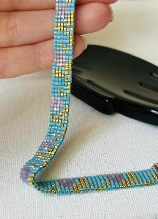 Бирюзовый бисерный браслет с цветочным узором, браслет из бисера3 фото