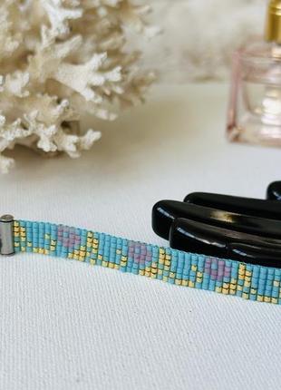 Бирюзовый бисерный браслет с цветочным узором, браслет из бисера9 фото