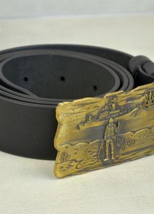 Ремень кожаный с латунной пряжкой "русский военный корабль" черный подарок военному2 фото
