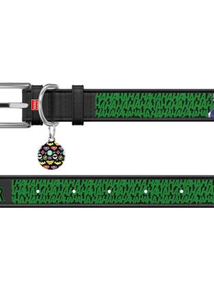 Ошейник для собак кожаный waudog design с qr паспортом, рисунок "джокер", ш 25 мм, дл 38-49 см, черный3 фото