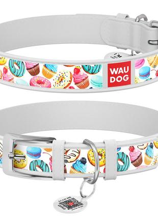 Ошейник для собак кожаный waudog design с qr паспортом, рисунок "пончики", ш 35 мм, дл 46-59 см, белый