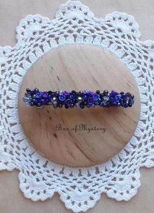 Сиренево синяя заколка с миниатюрными цветами, украшение для волос, подарок девушке, 10 см2 фото