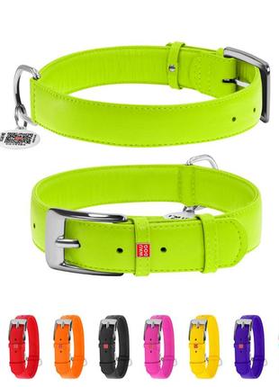 Ошейник для собак кожаный waudog glamour с qr паспортом, без украшений, ш 35 мм, дл 46-60 см салатовый