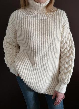 Женский зимний теплый свитер оверсайз альпака меринос белый бежевый4 фото