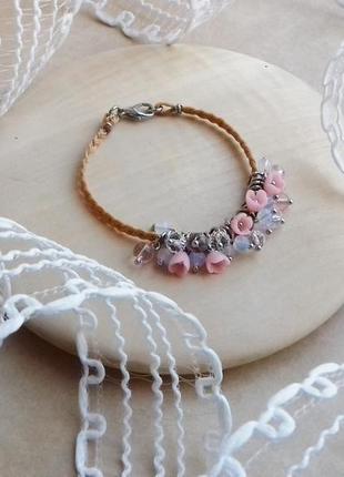 Нежно розовый браслет с цветами, цветочное украшение, украшение на руку, подарок девушке2 фото