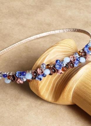 Обруч и браслет с цветами, синий обруч,  подарок девочке, украшение для волос, комплект украшений6 фото