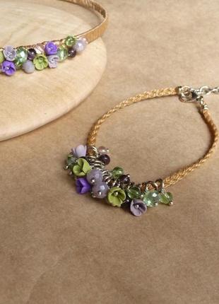 Фіолетовий обруч і браслет з квітами, подарунок дівчинці, прикраса для волосся, комплект прикрас2 фото