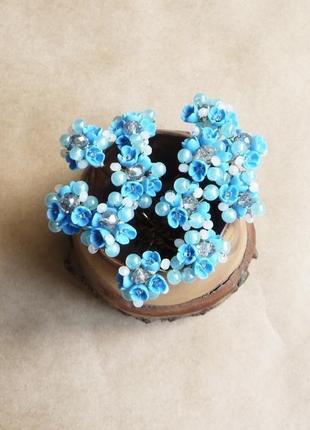 Блакитні шпильки для волосся з квітами, прикраса волосся, подарунок дівчині3 фото
