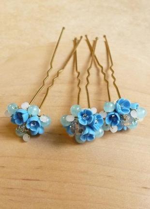 Блакитні шпильки для волосся з квітами, прикраса волосся, подарунок дівчині5 фото
