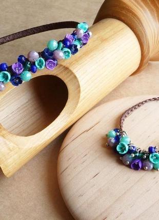 Обруч и браслет с цветами, фиолетово бирюзовый обруч, подарок девочке, украшение для волос