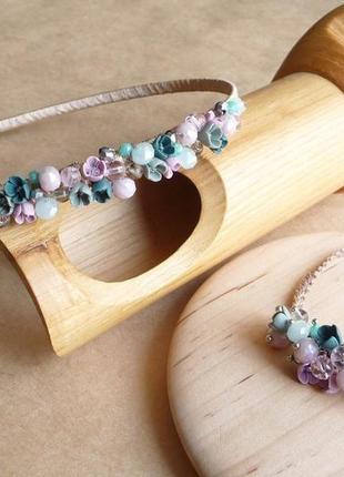 Обруч і браслет з квітами, фіолетово бірюзовий обруч, подарунок дівчинці, прикраса для волосся